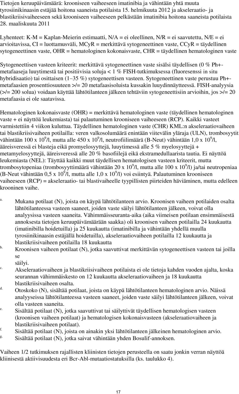 maaliskuuta 2011 Lyhenteet: K-M = Kaplan-Meierin estimaatti, N/A = ei oleellinen, N/R = ei saavutettu, N/E = ei arvioitavissa, CI = luottamusväli, MCyR = merkittävä sytogeneettinen vaste, CCyR =