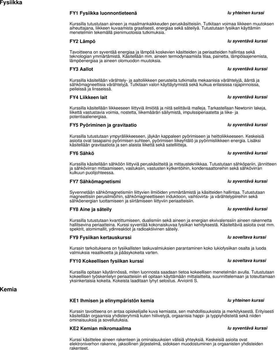 FY2 Lämpö Tavoitteena on syventää energiaa ja lämpöä koskevien käsitteiden ja periaatteiden hallintaa sekä teknologian ymmärtämistä. Käsitellään mm.