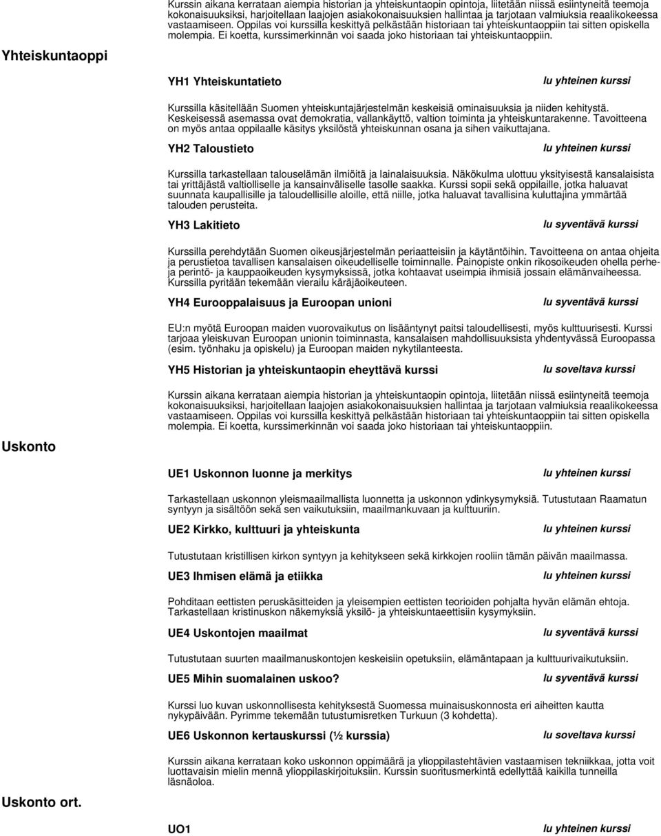 Ei koetta, kurssimerkinnän voi saada joko historiaan tai yhteiskuntaoppiin. YH1 Yhteiskuntatieto Kurssilla käsitellään Suomen yhteiskuntajärjestelmän keskeisiä ominaisuuksia ja niiden kehitystä.