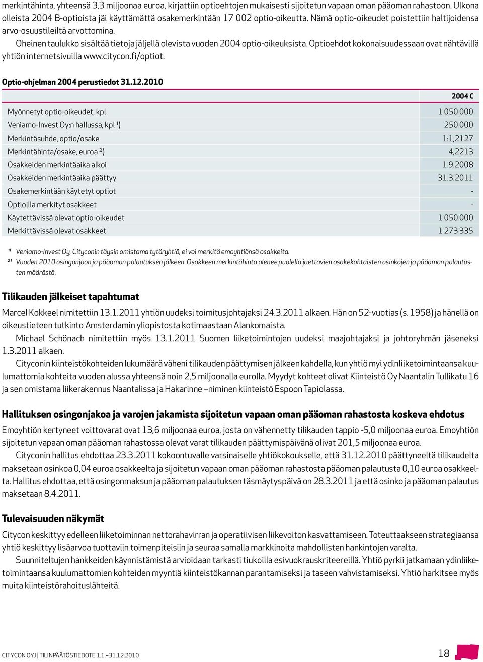 Oheinen taulukko sisältää tietoja jäljellä olevista vuoden 2004 optio-oikeuksista. Optioehdot kokonaisuudessaan ovat nähtävillä yhtiön internetsivuilla www.citycon.fi/optiot.