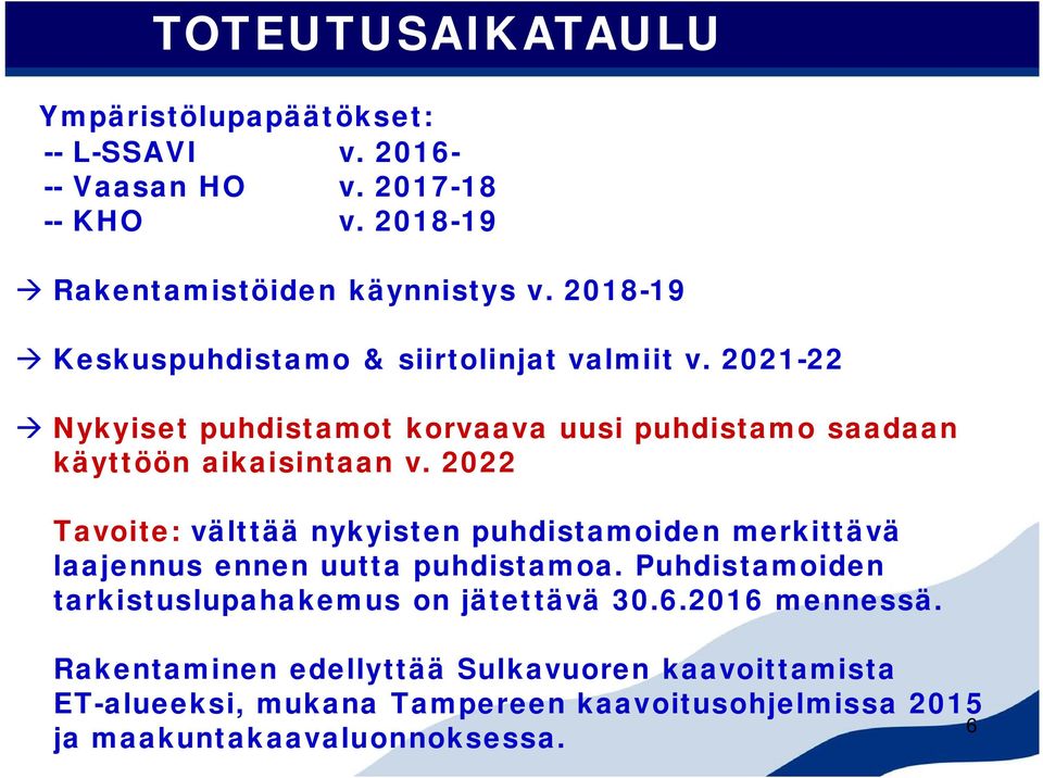 2022 Tavoite: välttää nykyisten puhdistamoiden merkittävä laajennus ennen uutta puhdistamoa.