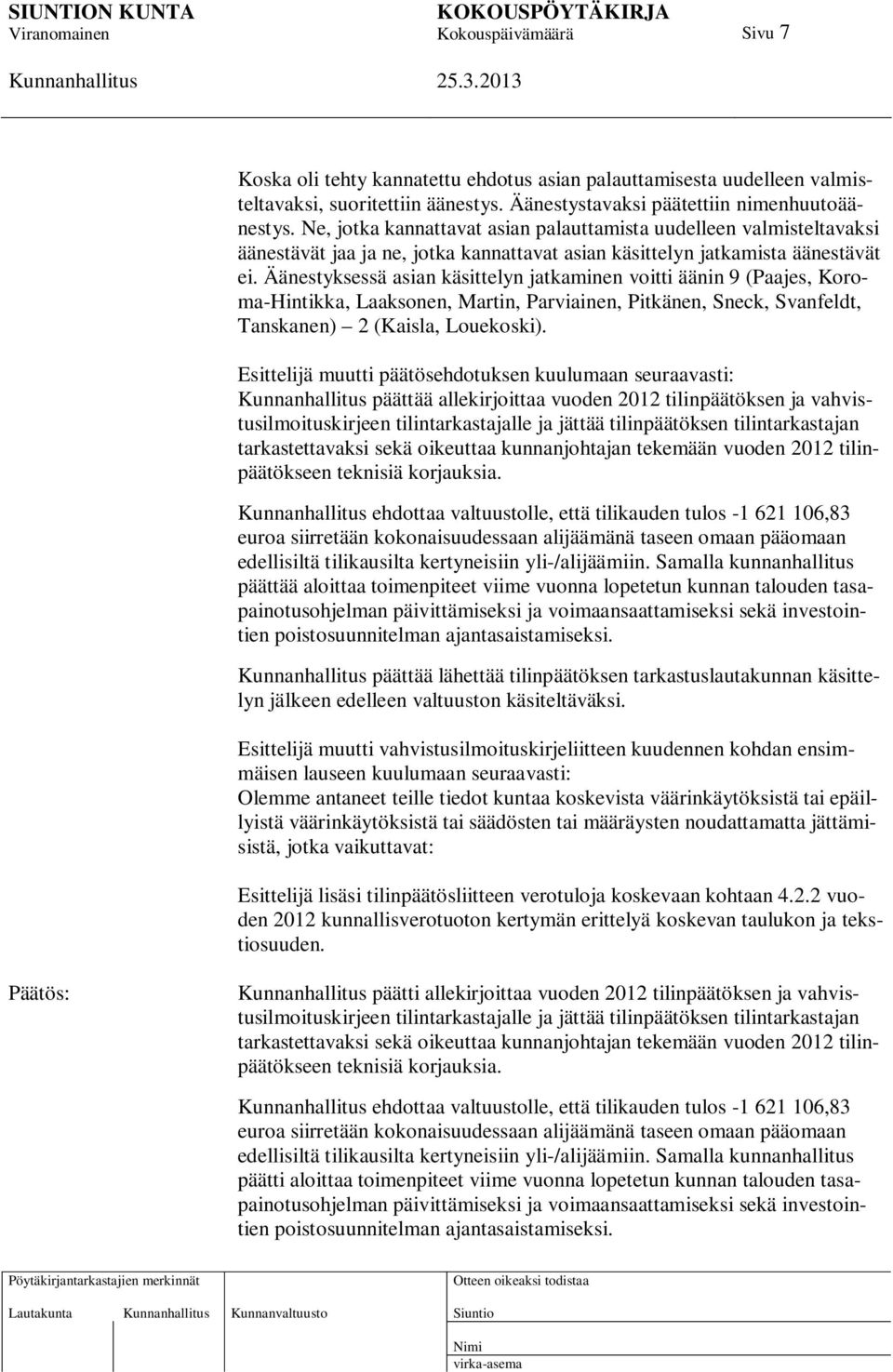 Äänestyksessä asian käsittelyn jatkaminen voitti äänin 9 (Paajes, Koroma-Hintikka, Laaksonen, Martin, Parviainen, Pitkänen, Sneck, Svanfeldt, Tanskanen) 2 (Kaisla, Louekoski).