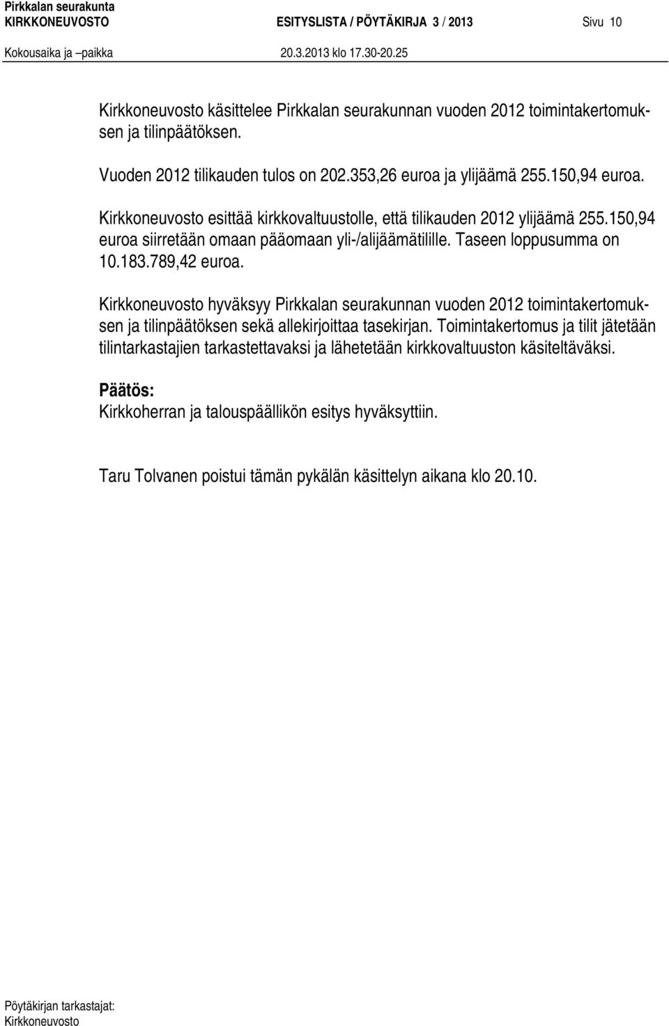 Taseen loppusumma on 10.183.789,42 euroa. hyväksyy Pirkkalan seurakunnan vuoden 2012 toimintakertomuksen ja tilinpäätöksen sekä allekirjoittaa tasekirjan.