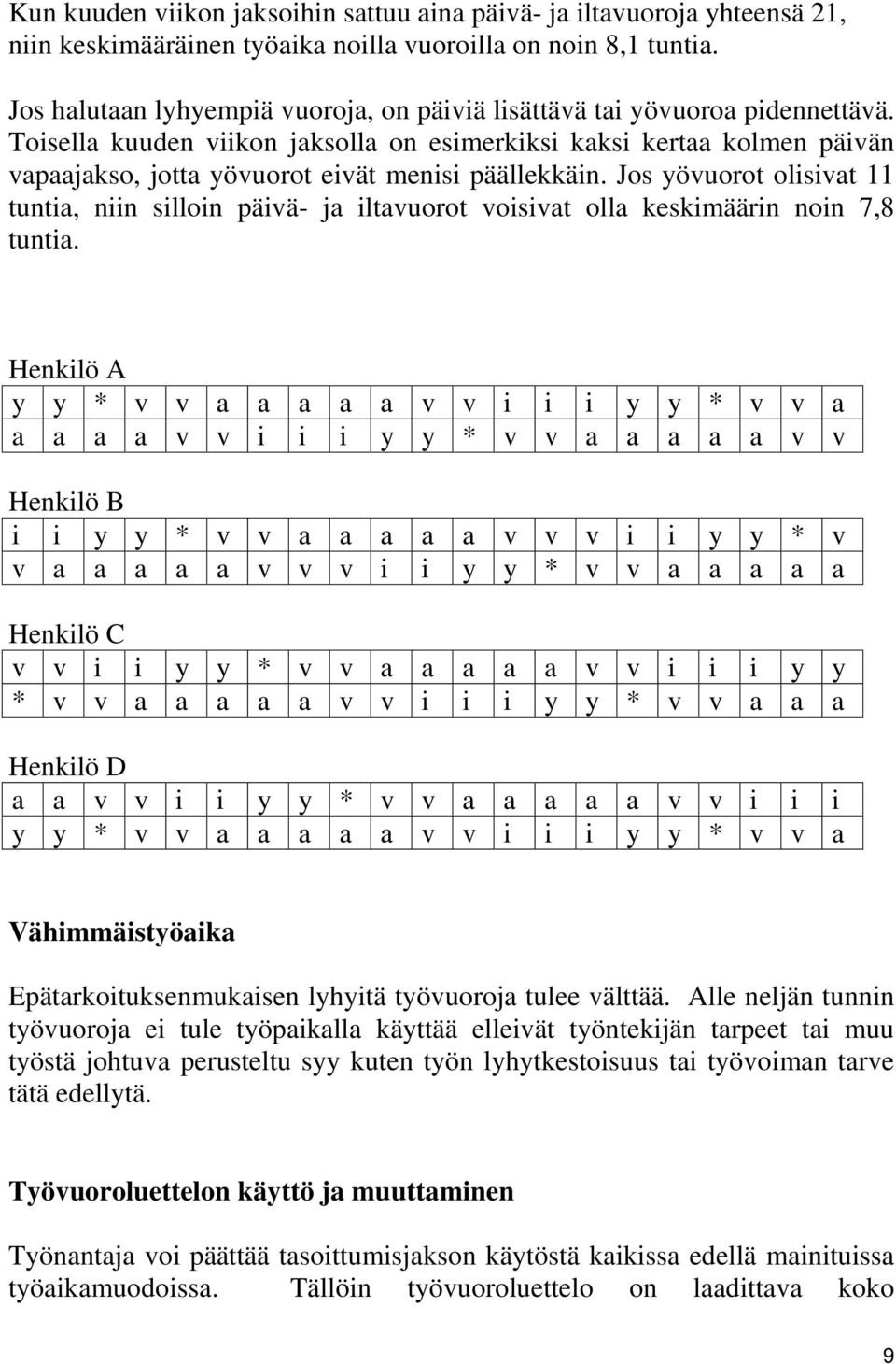 Toisella kuuden viikon jaksolla on esimerkiksi kaksi kertaa kolmen päivän vapaajakso, jotta yövuorot eivät menisi päällekkäin.
