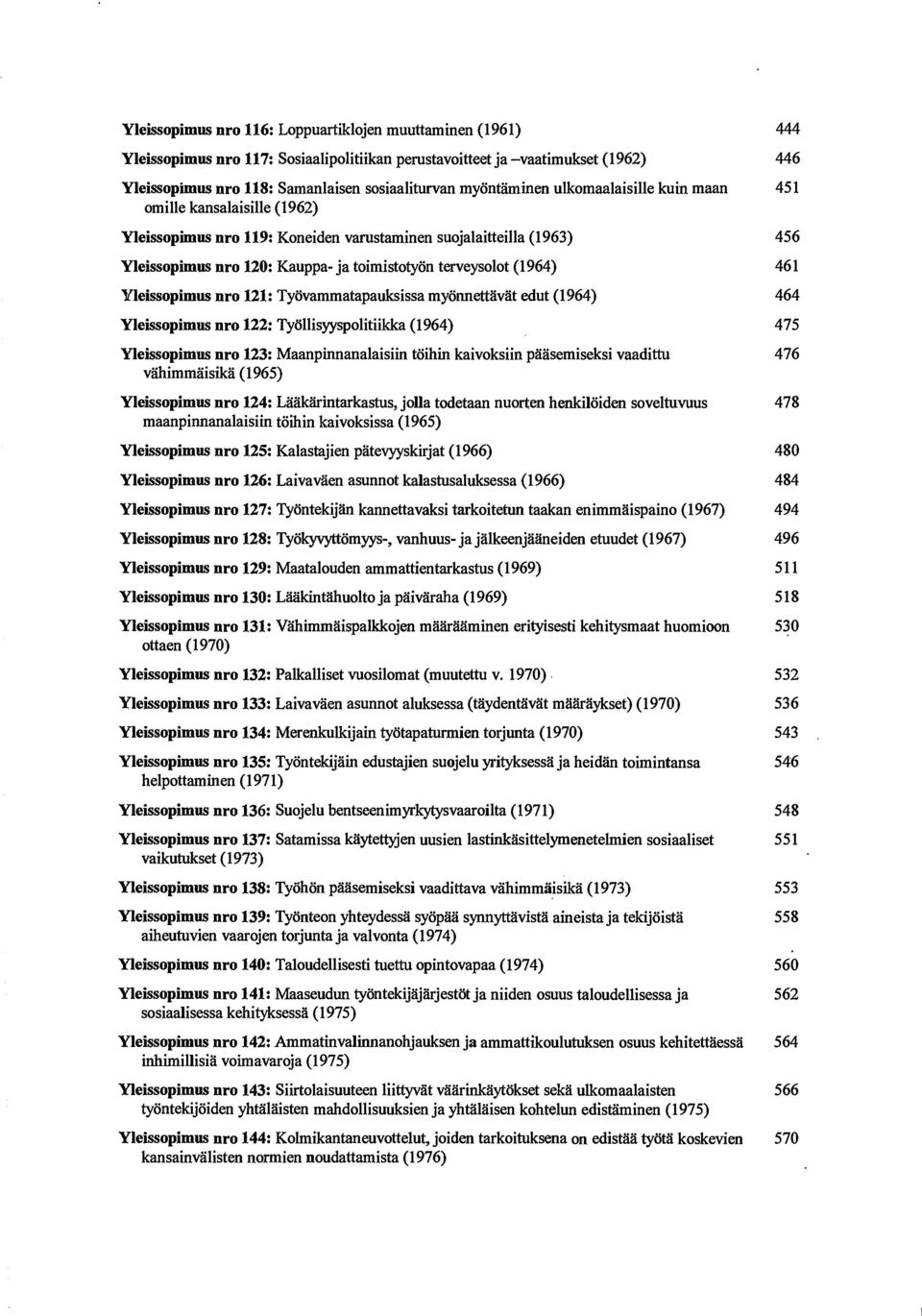 (1964) 461 Yleissopimus nro 121: Tyovammatapauksissa myonnettavat edut (1964) 464 Yleissopimus nro 122: Ty011isyyspolitiikka (1964) 475 Yleissopimus nro 123: Maanpinnanalaisiin toihin kaivoksiin