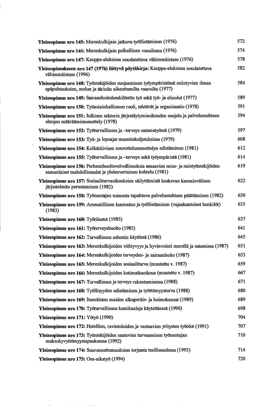 esiintyvien ilman 584 epapuhtauksien, melun ja tärinän aiheuttamilta vaaroilta (1977) Yleissopimus nro 149: Sairaanhoitohenkilöston tyo sekä tyo- ja elinolot (1977) 589 Yleissopimus nro 150: