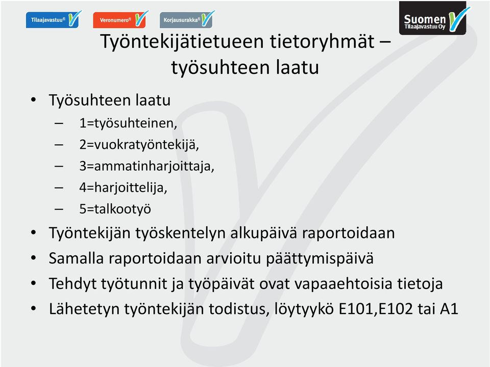 työskentelyn alkupäivä raportoidaan Samalla raportoidaan arvioitu päättymispäivä Tehdyt