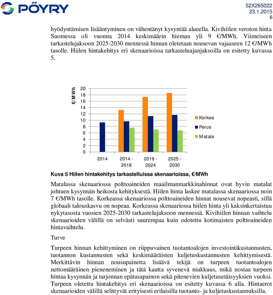 Kuva 5 Hiilen hintakehitys tarkastelluissa skenaarioissa, /h Matalassa skenaariossa polttoaineiden maailmanmarkkinahinnat ovat hyvin matalat johtuen kysynnän heikosta kehityksestä.