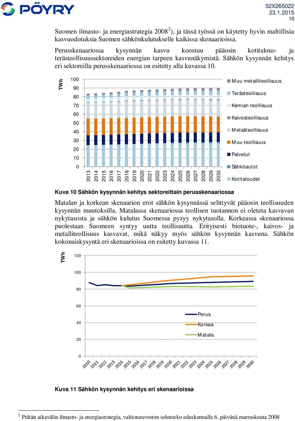 Sähkön kysynnän kehitys eri sektoreilla perusskenaariossa on esitetty alla kuvassa 1.