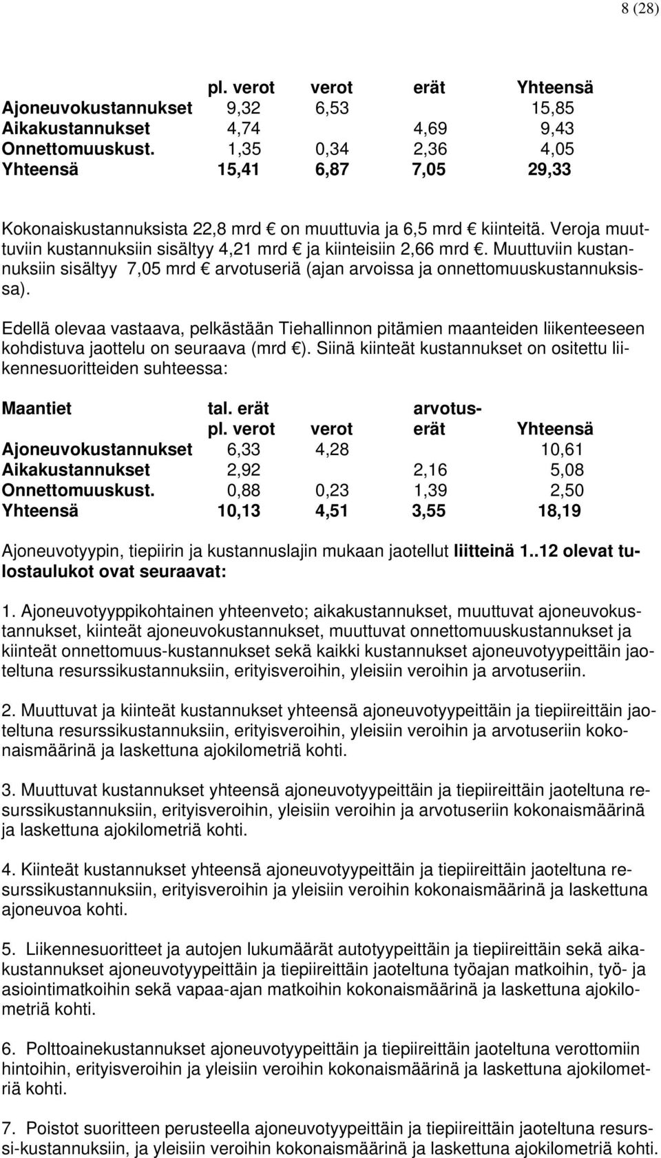 Muuttuviin kustannuksiin sisältyy 7,05 mrd arvotuseriä (ajan arvoissa ja onnettomuuskustannuksissa).