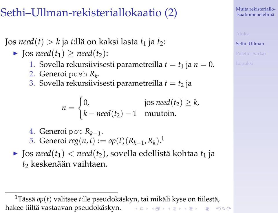 Sovella rekursiivisesti parametreilla t = t 2 ja { 0, jos need(t n = 2 ) k, k need(t 2 ) 1 muutoin. 4. Generoi pop R k 1. 5.