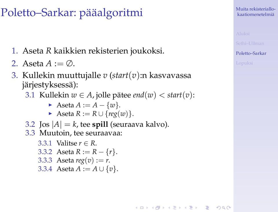 1 Kullekin w A, jolle pätee end(w) < start(v): Aseta A := A {w}. Aseta R := R {reg(w)}. 3.