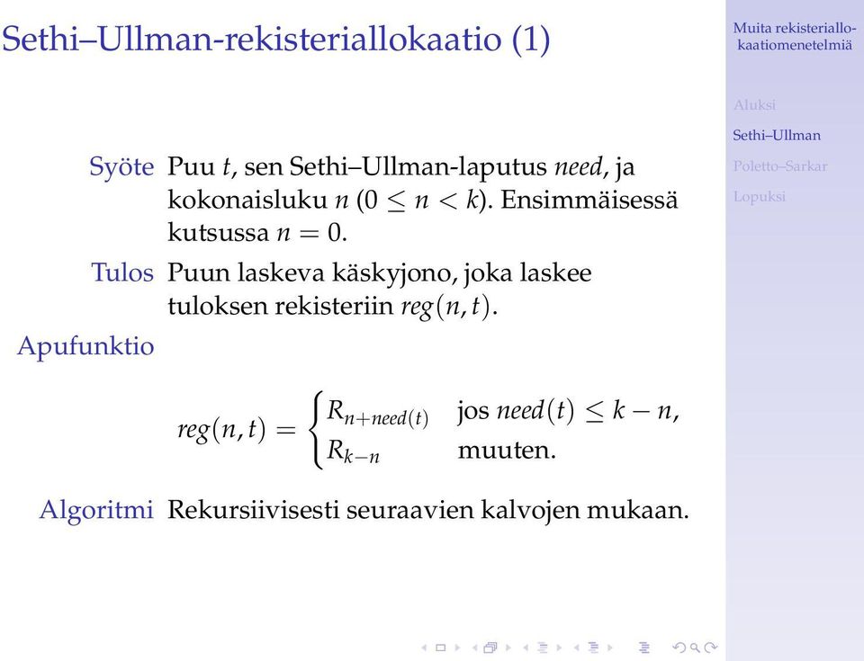 Tulos Puun laskeva käskyjono, joka laskee tuloksen rekisteriin reg(n, t).