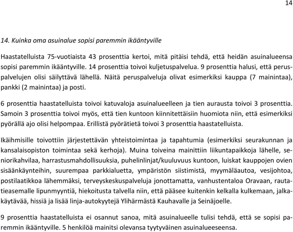 6 prosenttia haastatelluista toivoi katuvaloja asuinalueelleen ja tien aurausta toivoi 3 prosenttia.