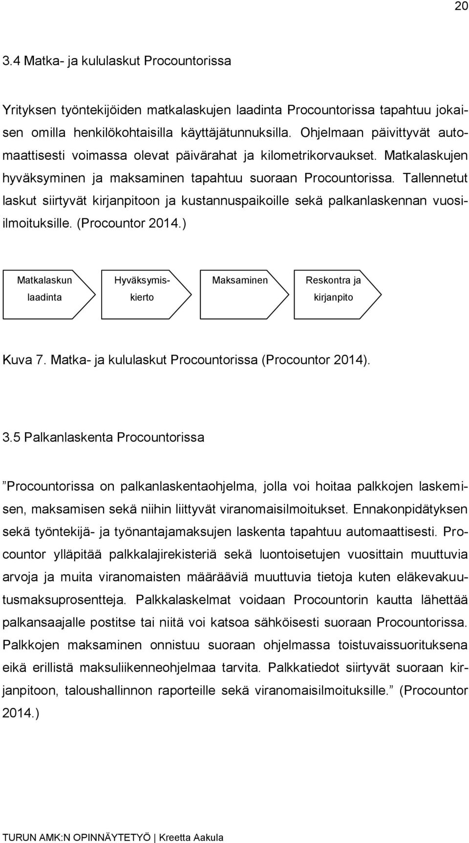 Tallennetut laskut siirtyvät kirjanpitoon ja kustannuspaikoille sekä palkanlaskennan vuosiilmoituksille. (Procountor 2014.