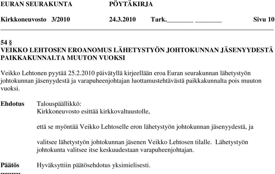 .2.2010 päivätyllä kirjeellään eroa Euran seurakunnan lähetystyön johtokunnan jäsenyydestä ja varapuheenjohtajan luottamustehtävästä paikkakunnalta