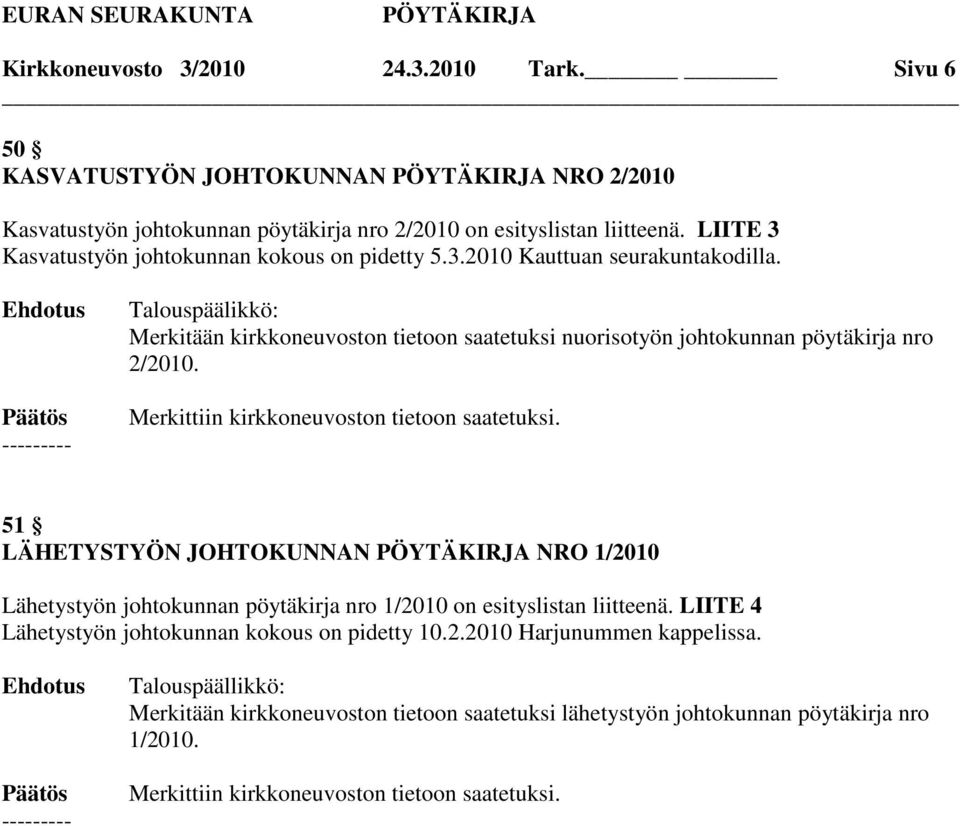 Talouspäälikkö: Merkitään kirkkoneuvoston tietoon saatetuksi nuorisotyön johtokunnan pöytäkirja nro 2/2010. Merkittiin kirkkoneuvoston tietoon saatetuksi.