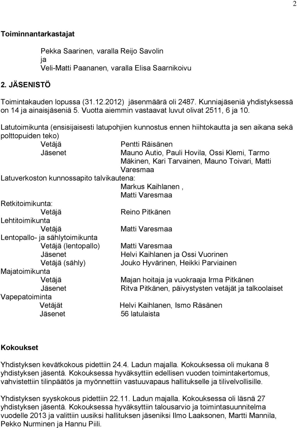 Latutoimikunta (ensisijaisesti latupohjien kunnostus ennen hiihtokautta ja sen aikana sekä polttopuiden teko) Vetäjä Pentti Räisänen Jäsenet Mauno Autio, Pauli Hovila, Ossi Klemi, Tarmo Mäkinen, Kari