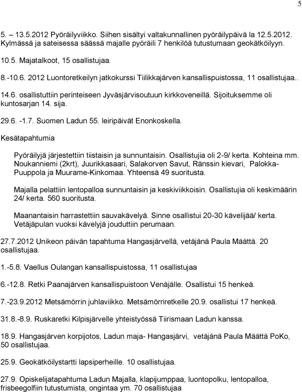 sija. 29.6. -1.7. Suomen Ladun 55. leiripäivät Enonkoskella. Kesätapahtumia Pyöräilyjä järjestettiin tiistaisin ja sunnuntaisin. Osallistujia oli 2-9/ kerta. Kohteina mm.