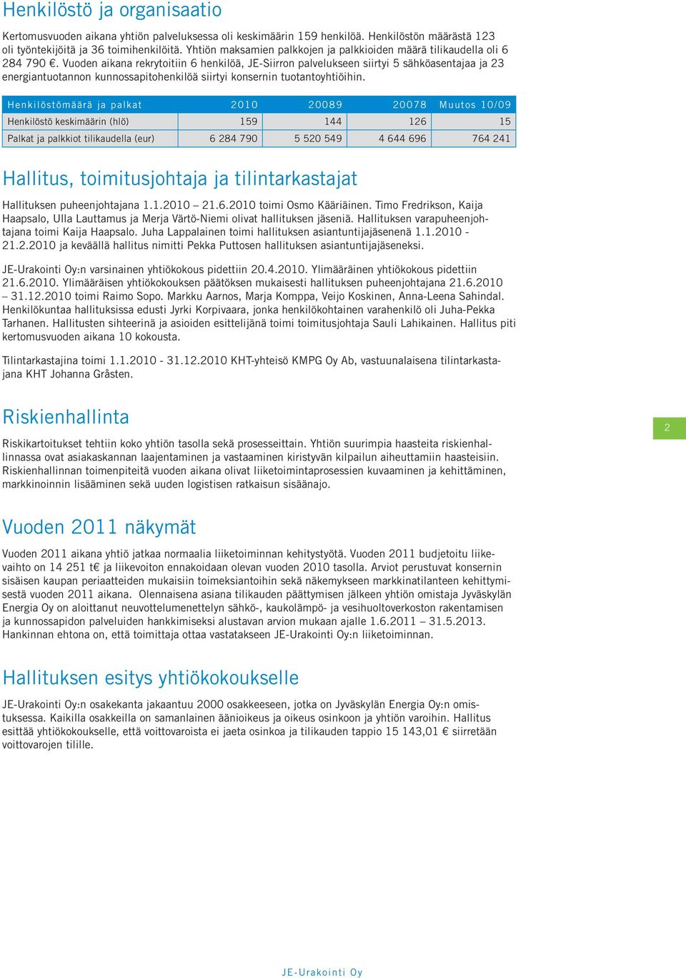 Vuoden aikana rekrytoitiin 6 henkilöä, JE-Siirron palvelukseen siirtyi 5 sähköasentajaa ja 23 energiantuotannon kunnossapitohenkilöä siirtyi konsernin tuotantoyhtiöihin.