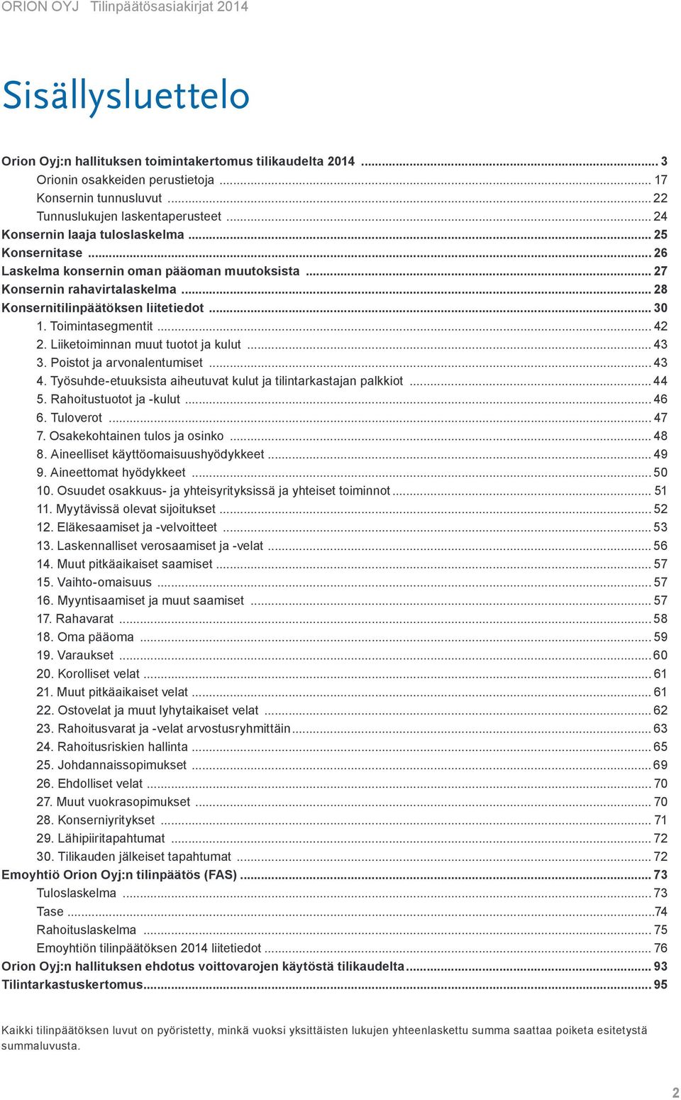 Toimintasegmentit... 42 2. Liiketoiminnan muut tuotot ja kulut... 43 3. Poistot ja arvonalentumiset... 43 4. Työsuhde-etuuksista aiheutuvat kulut ja tilintarkastajan palkkiot... 44 5.