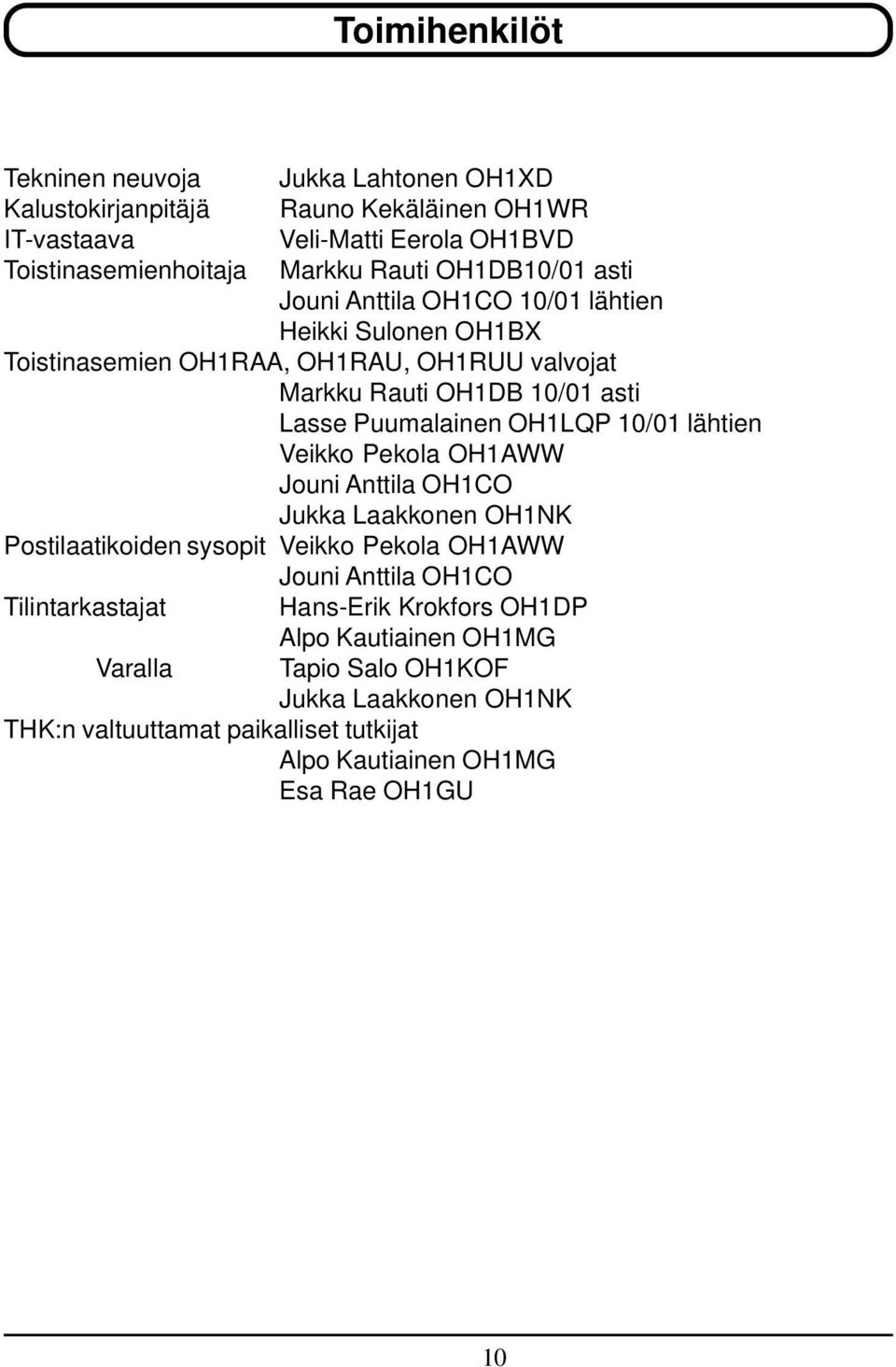 OH1LQP 10/01 lähtien Veikko Pekola OH1AWW Jouni Anttila OH1CO Jukka Laakkonen OH1NK Postilaatikoiden sysopit Veikko Pekola OH1AWW Jouni Anttila OH1CO Tilintarkastajat
