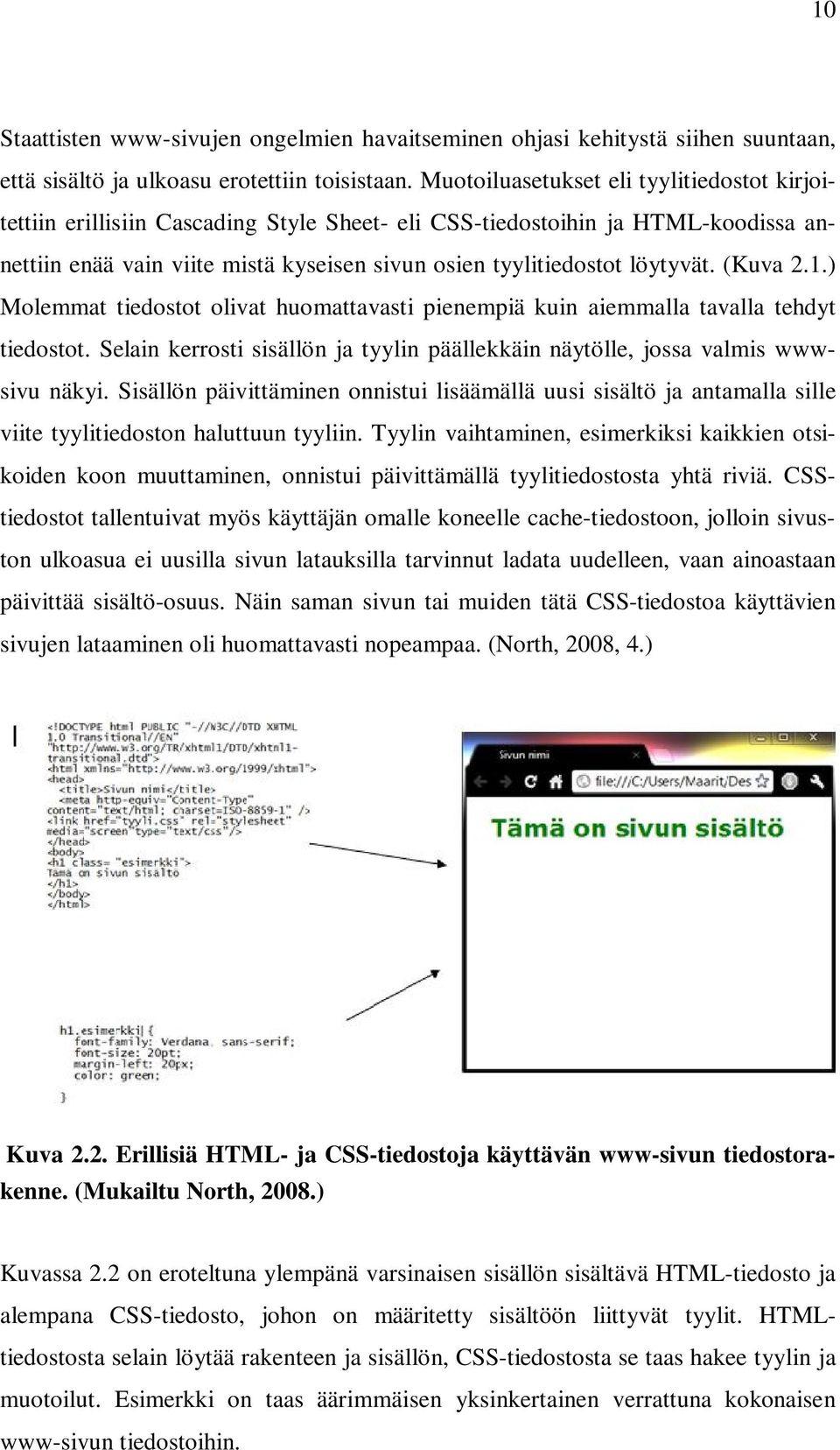(Kuva 2.1.) Molemmat tiedostot olivat huomattavasti pienempiä kuin aiemmalla tavalla tehdyt tiedostot. Selain kerrosti sisällön ja tyylin päällekkäin näytölle, jossa valmis wwwsivu näkyi.