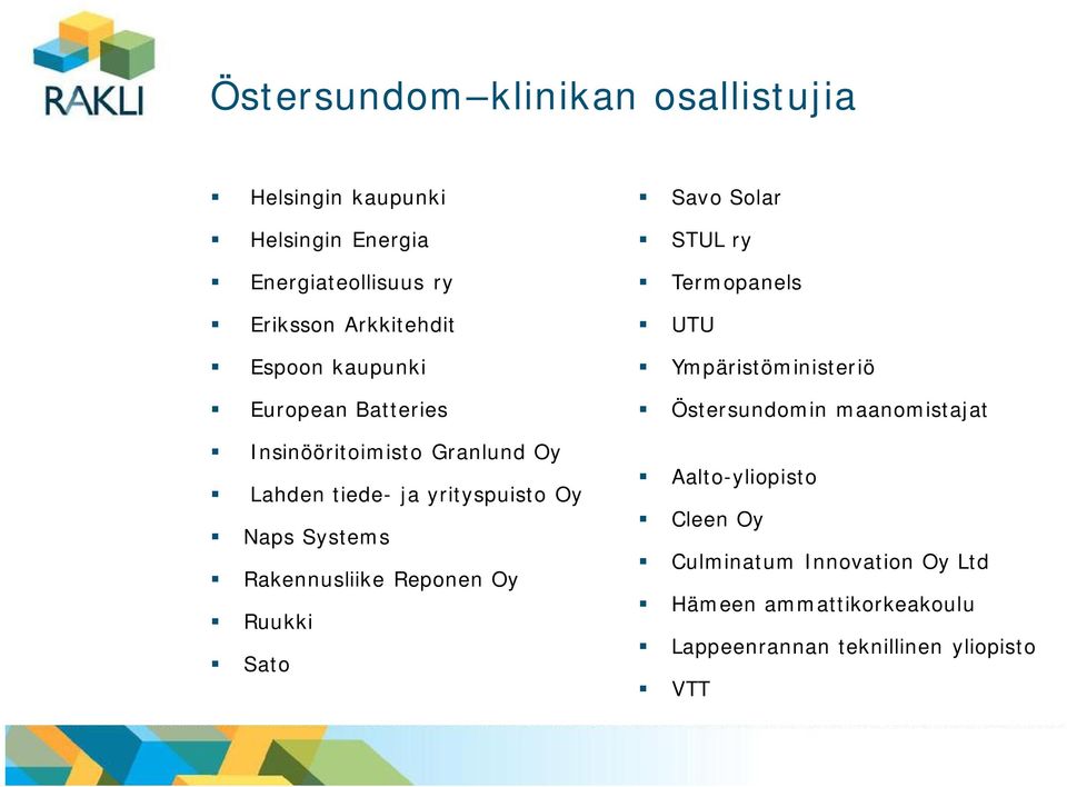 Rakennusliike Reponen Oy Ruukki Sato Savo Solar STUL ry Termopanels UTU Ympäristöministeriö Östersundomin