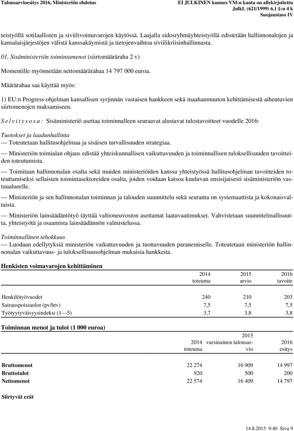 Sisäministeriön toimintamenot (siirtomääräraha 2 v) Momentille myönnetään nettomäärärahaa 14 797 000 euroa.