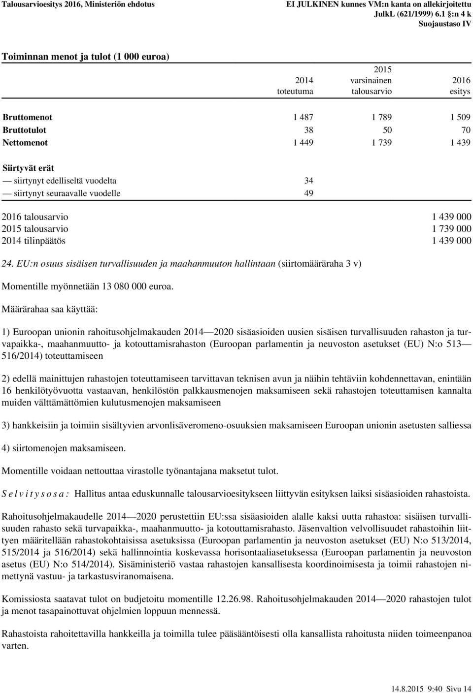 EU:n osuus sisäisen turvallisuuden ja maahanmuuton hallintaan (siirtomääräraha 3 v) Momentille myönnetään 13 080 000 euroa.