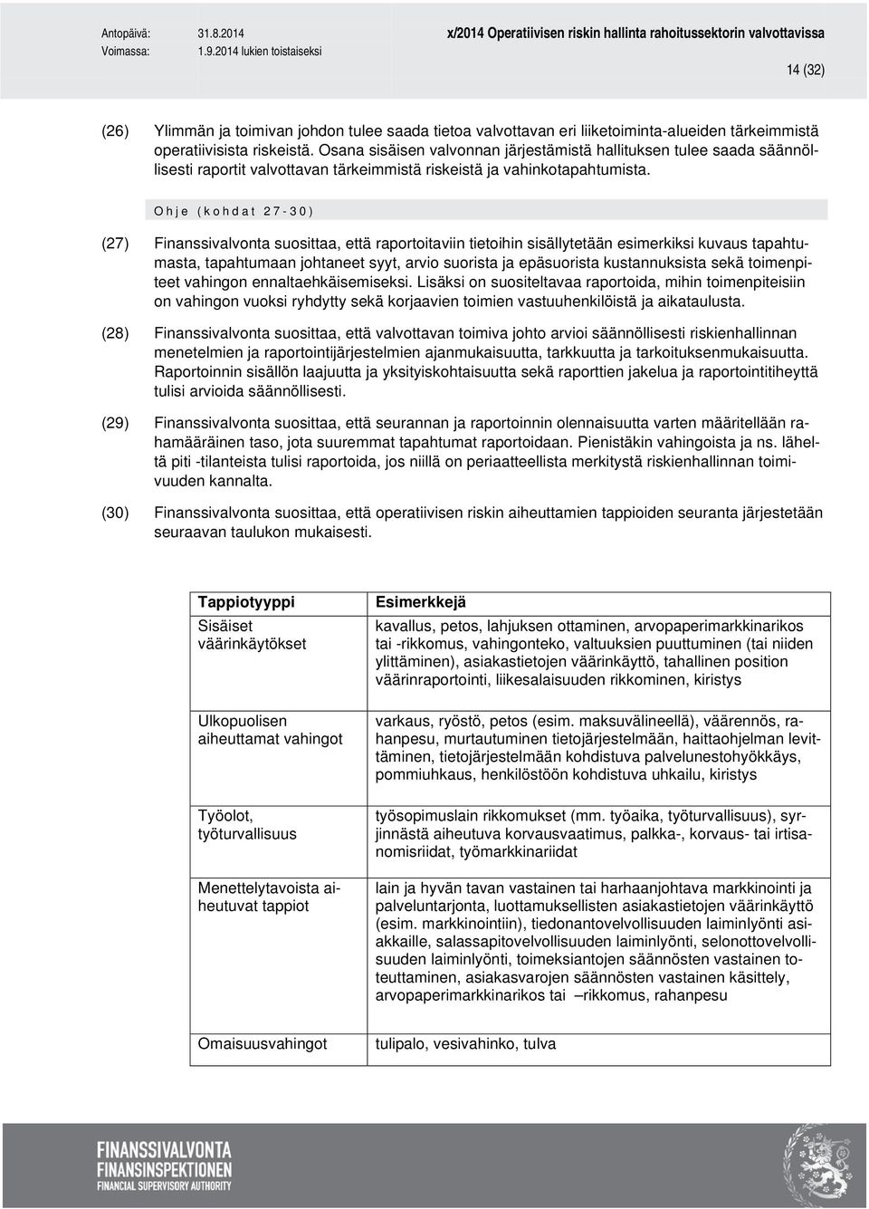 Ohje (kohdat 27-30) (27) Finanssivalvonta suosittaa, että raportoitaviin tietoihin sisällytetään esimerkiksi kuvaus tapahtumasta, tapahtumaan johtaneet syyt, arvio suorista ja epäsuorista