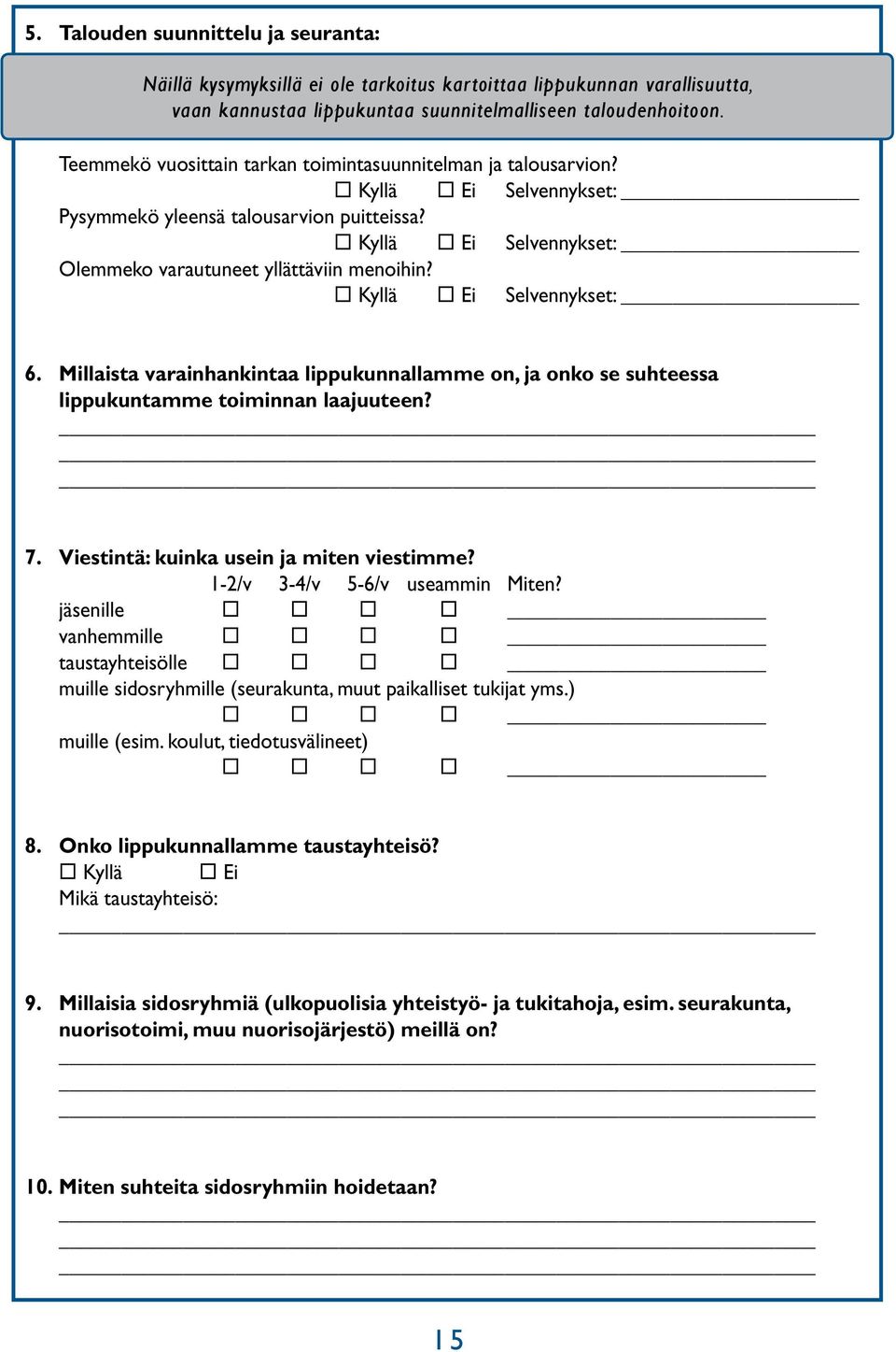 Kyllä Ei Selvennykset: 6. Millaista varainhankintaa lippukunnallamme on, ja onko se suhteessa lippukuntamme toiminnan laajuuteen? 7. Viestintä: kuinka usein ja miten viestimme?