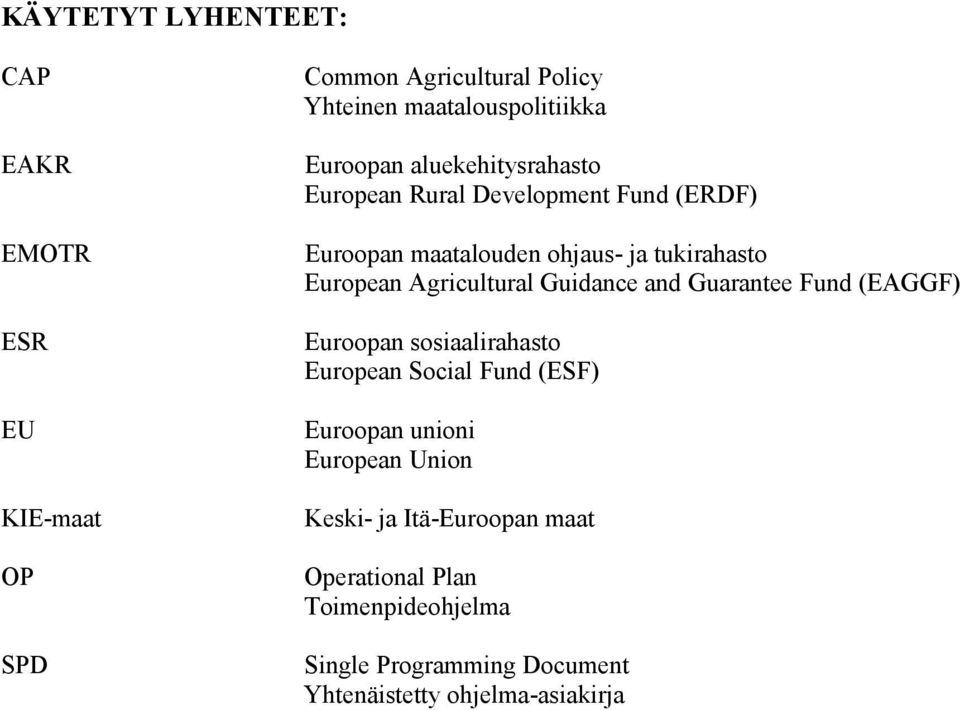 Agricultural Guidance and Guarantee Fund (EAGGF) Euroopan sosiaalirahasto European Social Fund (ESF) Euroopan unioni