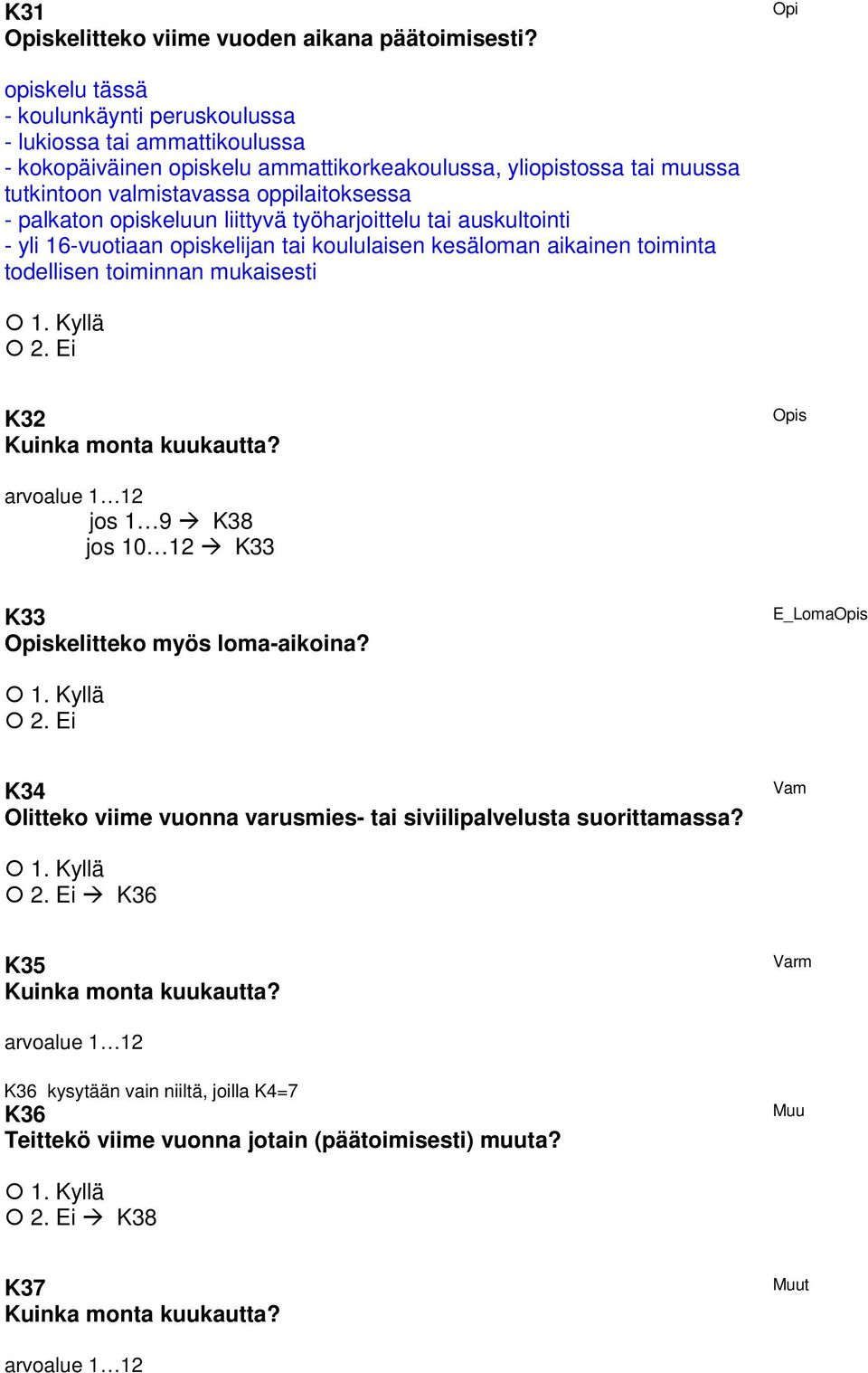 palkaton opiskeluun liittyvä työharjoittelu tai auskultointi - yli 16-vuotiaan opiskelijan tai koululaisen kesäloman aikainen toiminta todellisen toiminnan mukaisesti K32 Kuinka monta kuukautta?