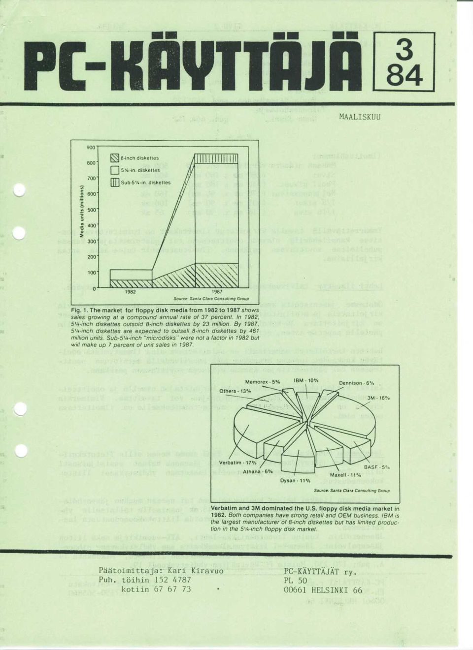 By 1987, 5Vt-inch diskettes are expected to outsell 8-inch diskettes by 461 million units. Sub-5Vt-inch "microdisks" were not a factor in 1982 but will make up 7 percent of unit sales in 1987.