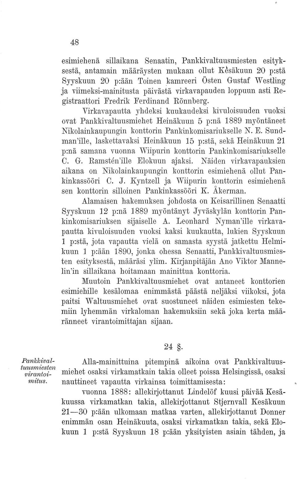 Virkavapautta yhdeksi kuukaudeksi kivuloisuuden vuoksi ovat Pankkivaltuusmiehet Heinäkuun 5 p:nä 1889 myöntäneet Nikolainkaupul1gin konttorin Pankinkomisariukselle N. E.