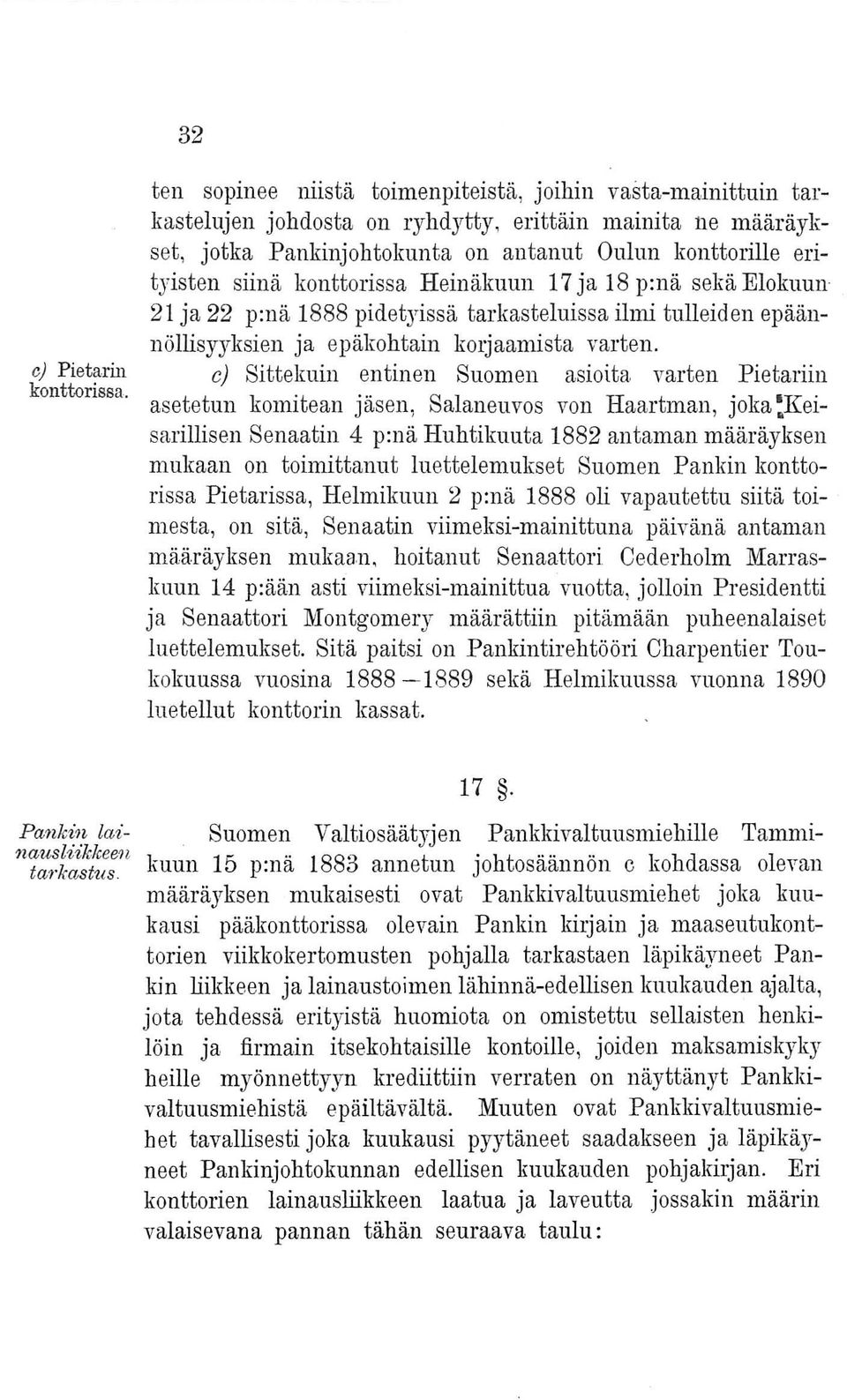 siinä konttorissa Heinäkuun 17 ja 18 p:nä sekä Elokuun 21 ja 22 p:nä 1888 pidetyissä tarkasteluissa ilmi tulleid en epäännöllisyyksien ja epäkohtain koljaamista varten.