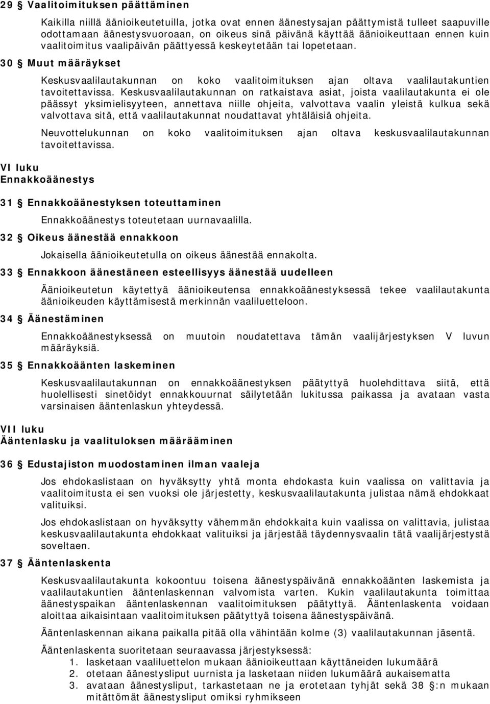 30 Muut määräykset Keskusvaalilautakunnan on koko vaalitoimituksen ajan oltava vaalilautakuntien tavoitettavissa.