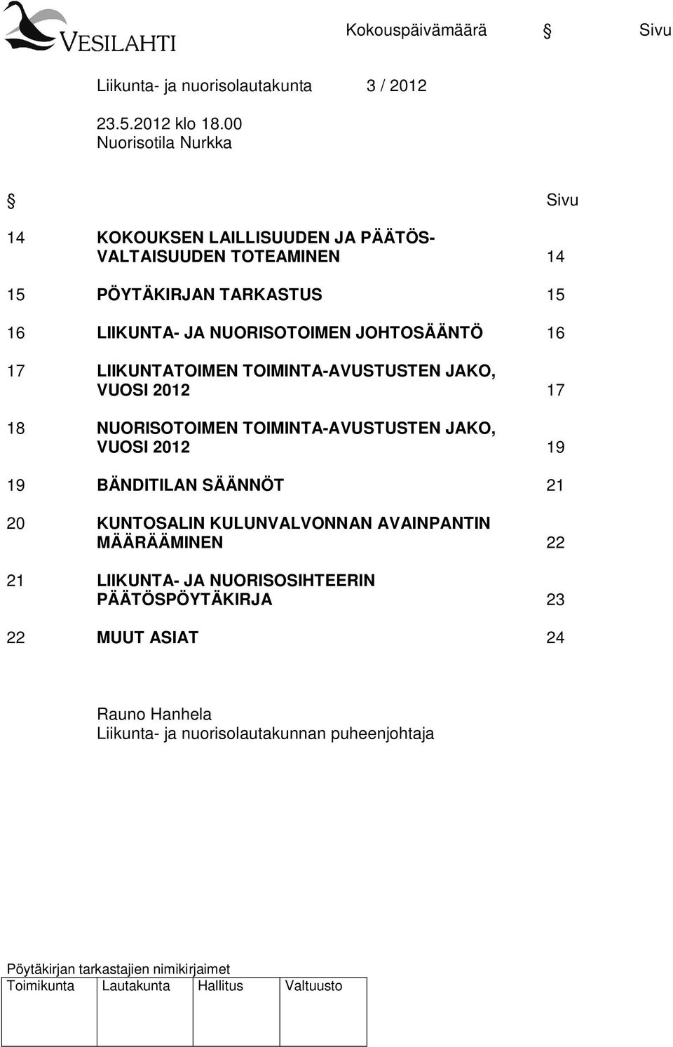 NUORISOTOIMEN JOHTOSÄÄNTÖ 16 17 LIIKUNTATOIMEN TOIMINTA-AVUSTUSTEN JAKO, VUOSI 2012 17 18 NUORISOTOIMEN TOIMINTA-AVUSTUSTEN JAKO, VUOSI