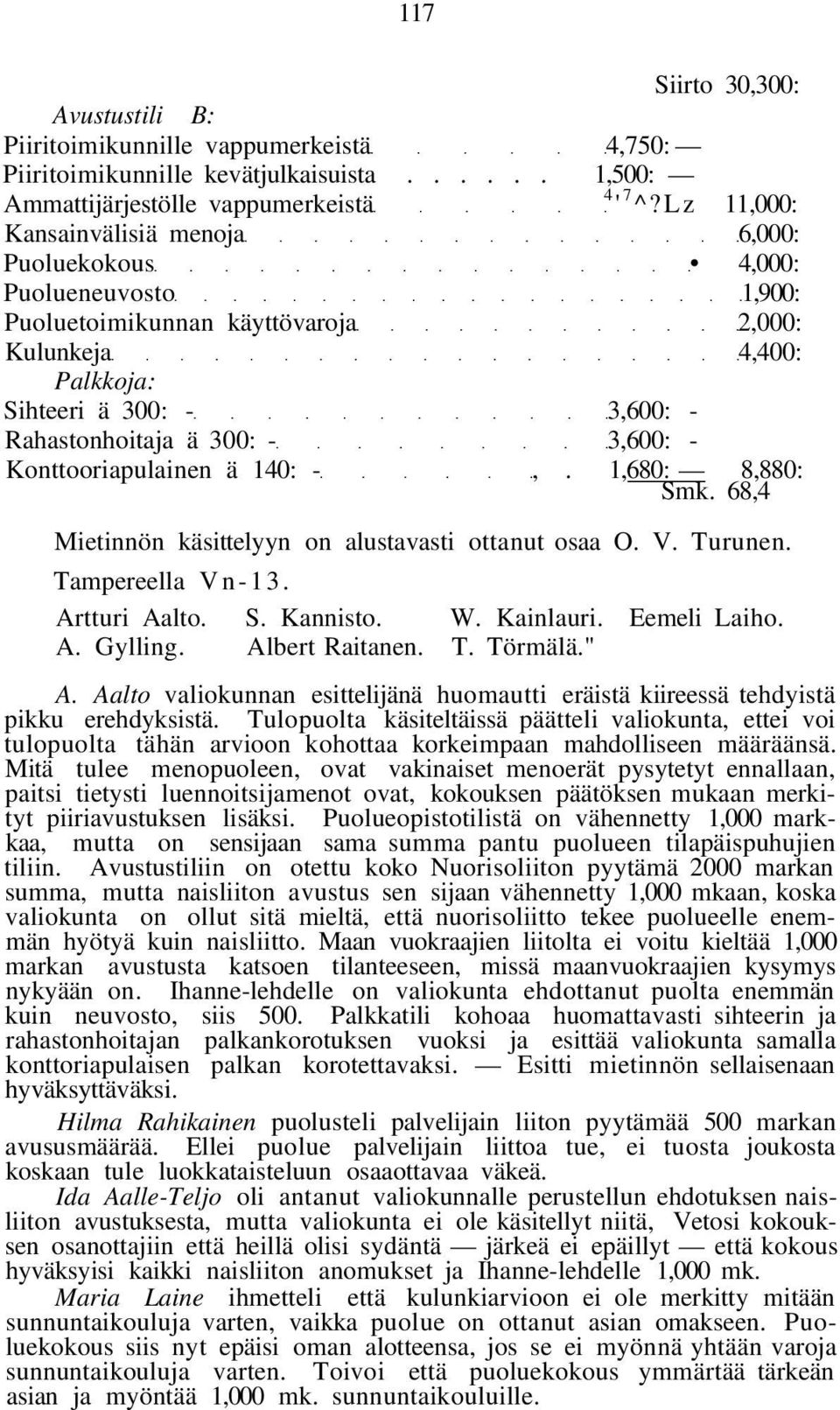 3,600: - Konttooriapulainen ä 140: -,. 1,680: 8,880: Smk. 68,4 Mietinnön käsittelyyn on alustavasti ottanut osaa O. V. Turunen. Tampereella Vn-13. Artturi Aalto. S. Kannisto. W. Kainlauri.