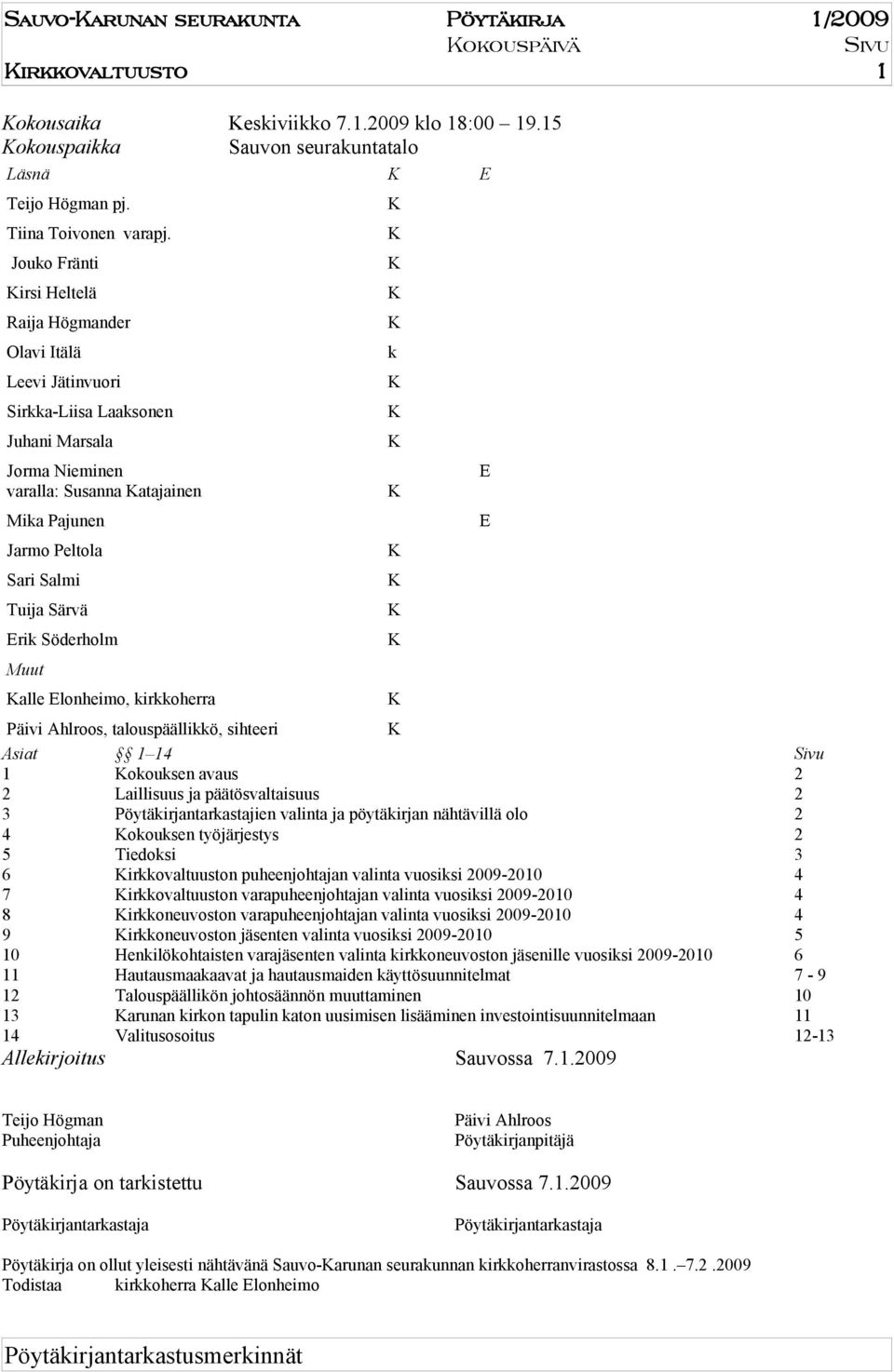 Särvä Erik Söderholm Muut alle Elonheimo, kirkkoherra k Päivi Ahlroos, talouspäällikkö, sihteeri Asiat 1 14 1 okouksen avaus 2 2 Laillisuus ja päätösvaltaisuus 2 3 Pöytäkirjantarkastajien valinta ja