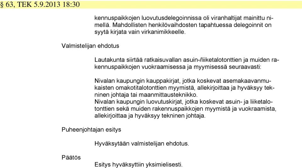 Lautakunta siirtää ratkaisuvallan asuin-/liiketalotonttien ja muiden rakennuspaikkojen vuokraamisessa ja myymisessä seuraavasti: Nivalan kaupungin kauppakirjat, jotka koskevat asemakaavanmukaisten