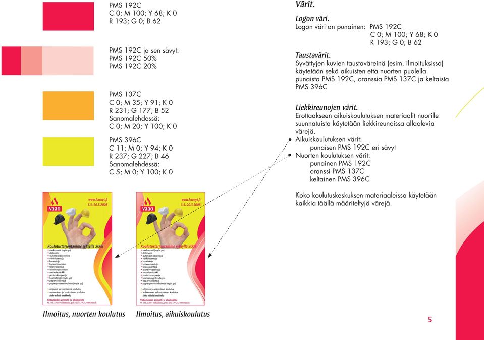 Syvättyjen kuvien taustaväreinä (esim. ilmoituksissa) käytetään sekä aikuisten että nuorten puolella punaista PMS 192C, oranssia PMS 137C ja keltaista PMS 396C Liekkireunojen värit.