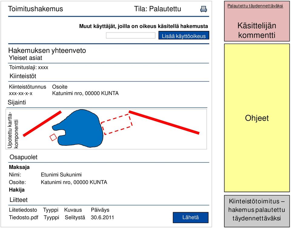 Katunimi nro, 00000 KUNTA Upotettu karttakomponentti Osapuolet Maksaja Nimi: Osoite: Hakija Liitteet Etunimi Sukunimi Katunimi nro,