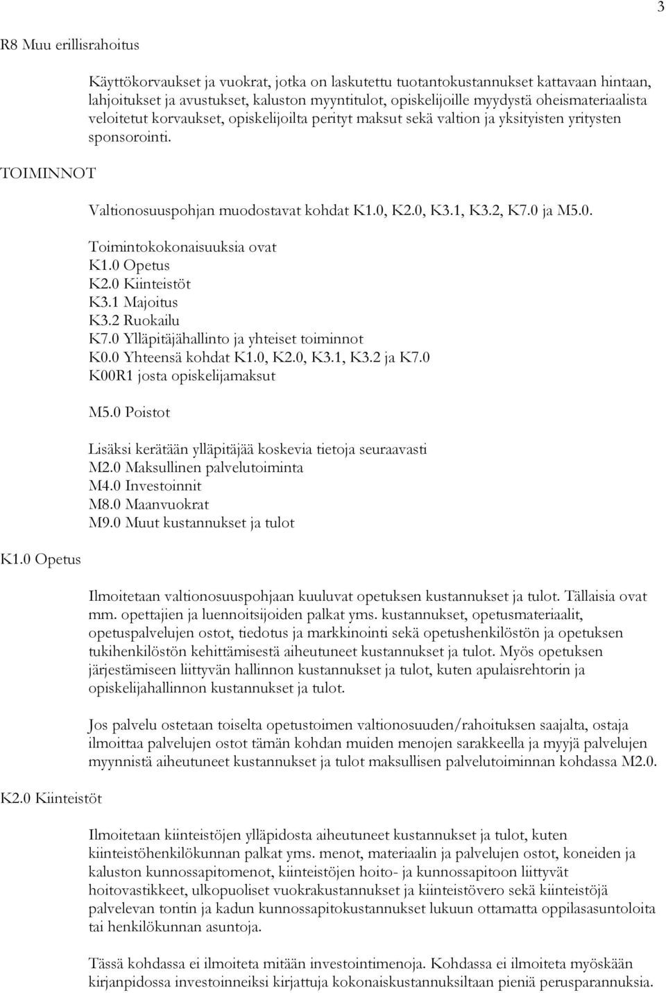 veloitetut korvaukset, opiskelijoilta perityt maksut sekä valtion ja yksityisten yritysten sponsorointi. Valtionosuuspohjan muodostavat kohdat K1.0, K2.0, K3.1, K3.2, K7.0 ja M5.0. Toimintokokonaisuuksia ovat K1.