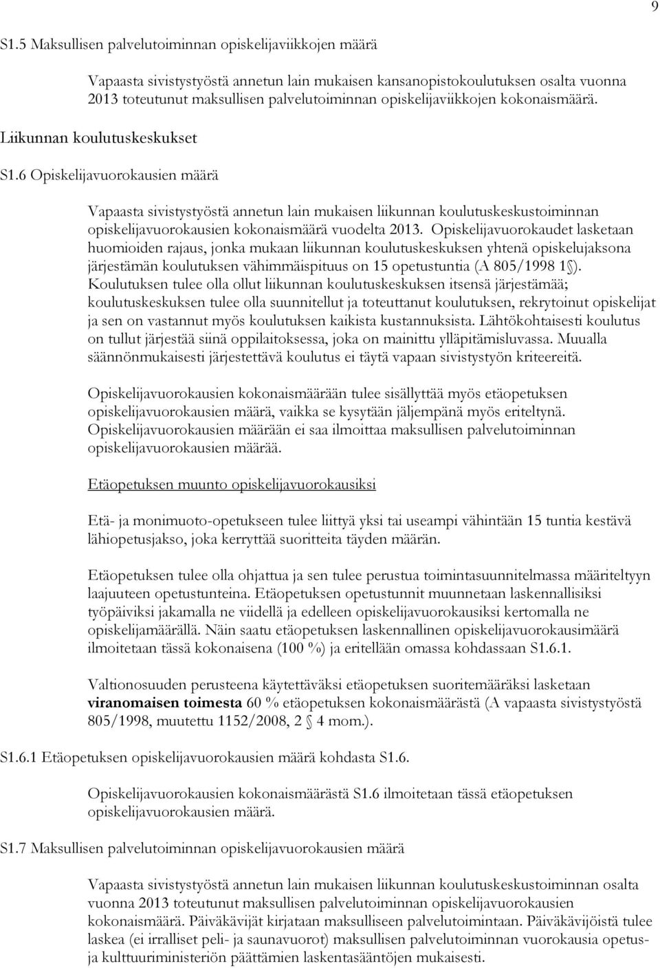 6 Opiskelijavuorokausien määrä Vapaasta sivistystyöstä annetun lain mukaisen liikunnan koulutuskeskustoiminnan opiskelijavuorokausien kokonaismäärä vuodelta 2013.