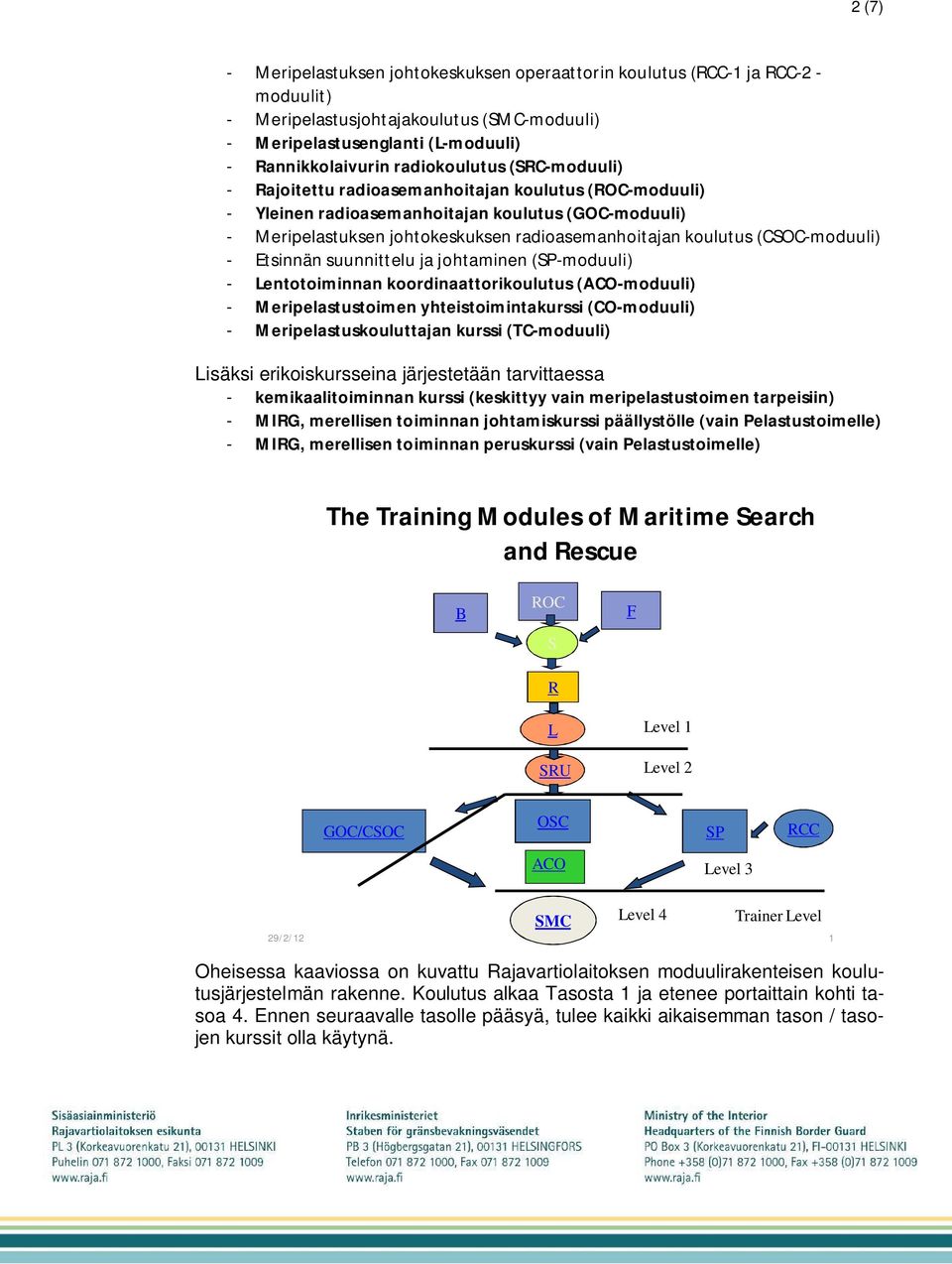 (CSOC-moduuli) - Etsinnän suunnittelu ja johtaminen (SP-moduuli) - Lentotoiminnan koordinaattorikoulutus (ACO-moduuli) - Meripelastustoimen yhteistoimintakurssi (CO-moduuli) - Meripelastuskouluttajan