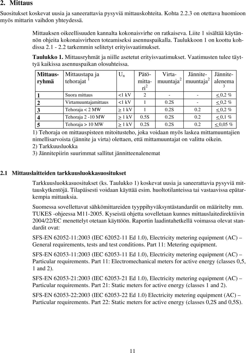 2 tarkemmin selitetyt erityisvaatimukset. Taulukko 1. Mittausryhmät ja niille asetetut erityisvaatimukset. Vaatimusten tulee täyttyä kaikissa asennuspaikan olosuhteissa.