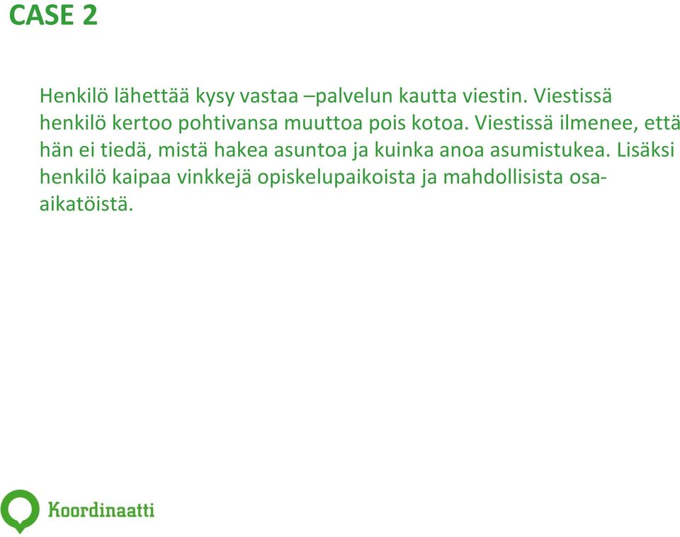 Viestissä ilmenee, että hän ei tiedä, mistä hakea asuntoa ja kuinka