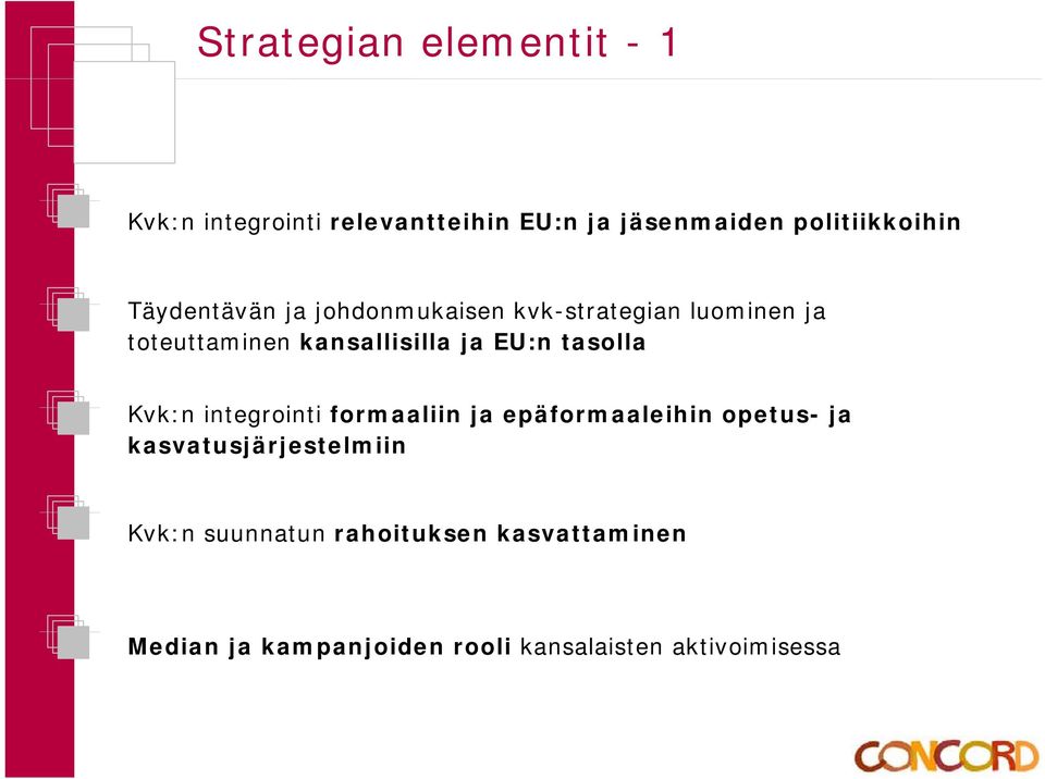 tasolla Kvk:n integrointi formaaliin ja epäformaaleihin opetus- ja kasvatusjärjestelmiin